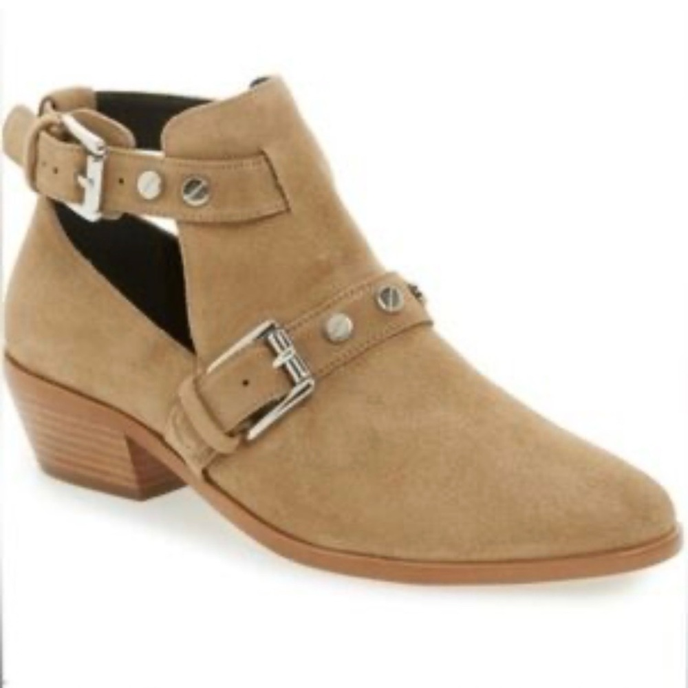 Rebecca Minkoff Tan Suede Cutout Ankle Bootie with Buckles